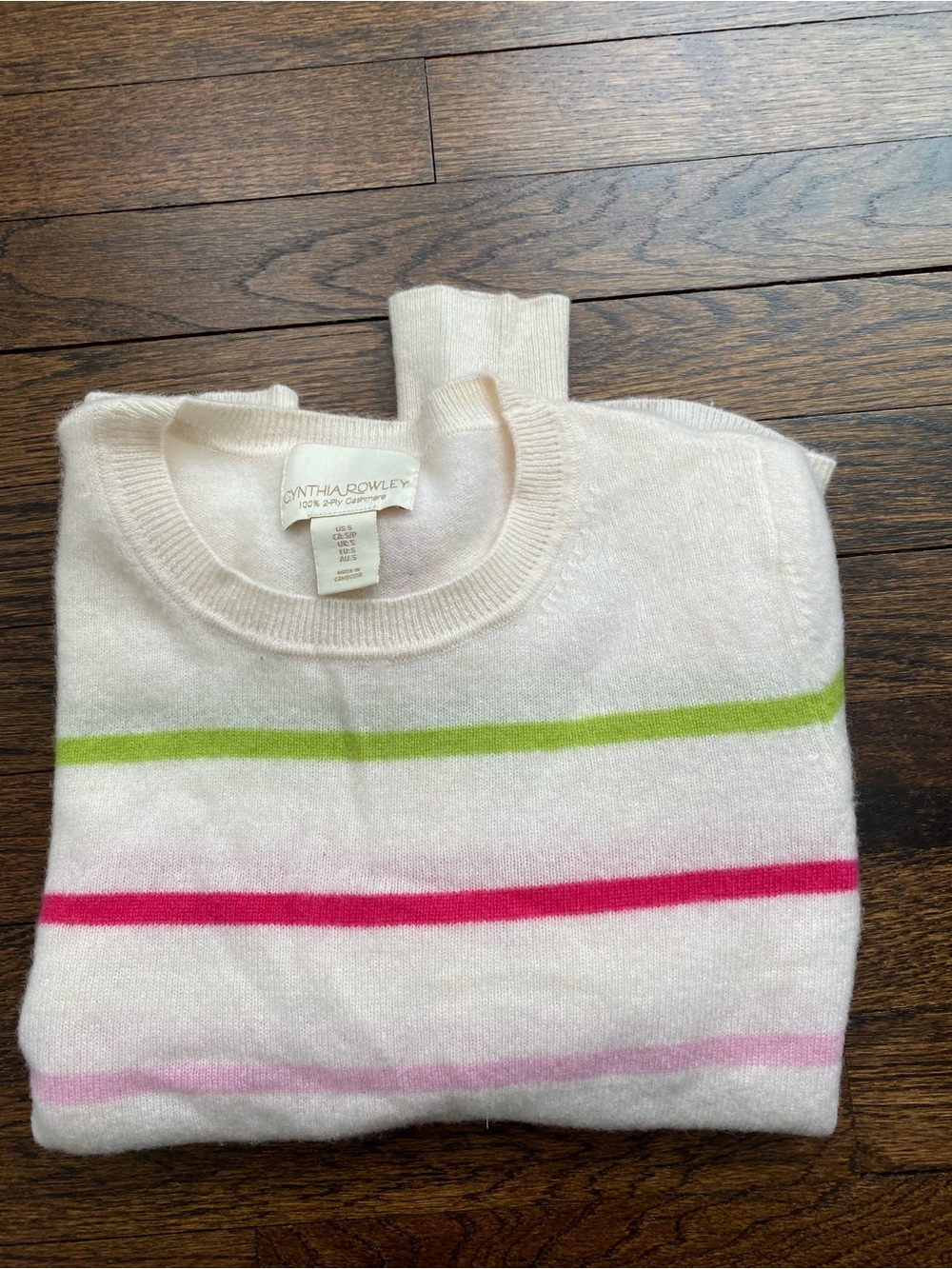 Cynthia Rowley Cream Crewneck Sweater with Green and Pink Stripes